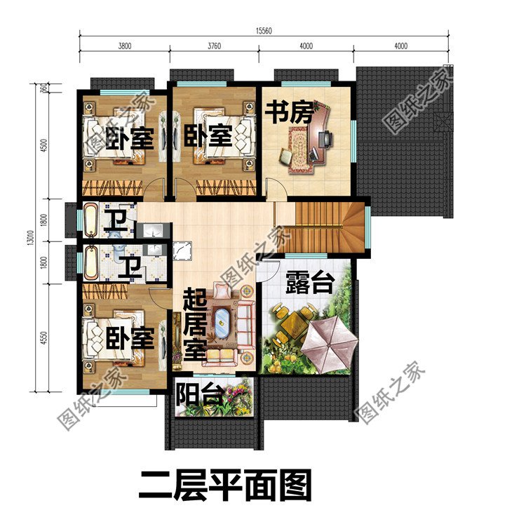 中式徽派二层农村别墅设计图二层平面图