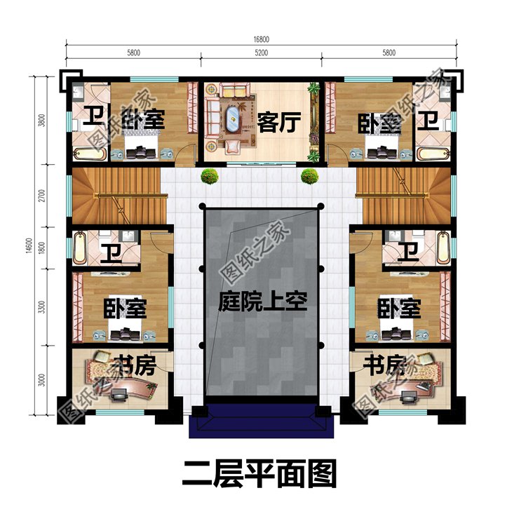 16.8x14.6米三层新中式别墅设计图二层平面图