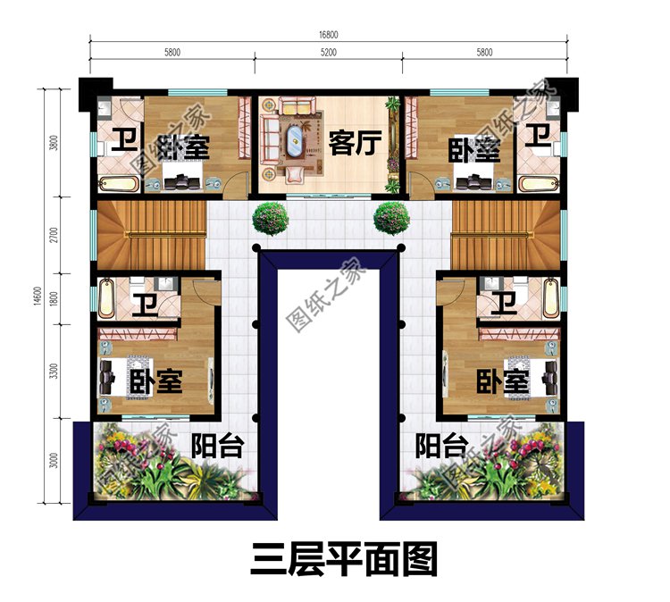 16.8x14.6米三层新中式别墅设计图三层平面图
