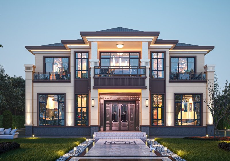 二层复式农村豪宅别墅设计图，挑空客厅旋转楼梯高级感十足