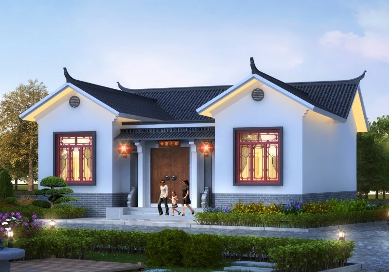 新农村中式一层三合院效果图及全套设计图，喜欢合院的有福了