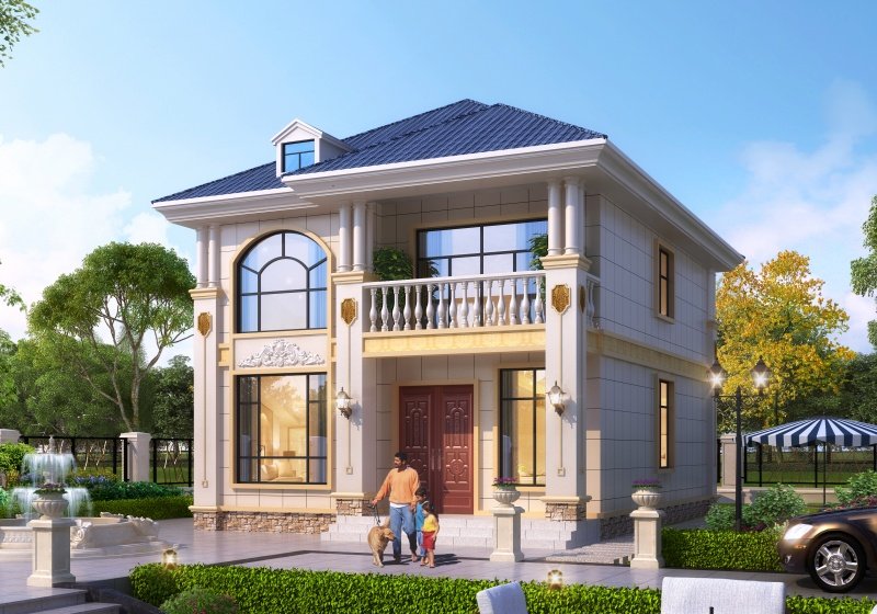 两开间自建别墅设计图，占地小造型简约，不愁宅基地面宽小了