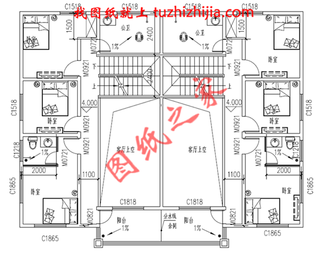 兄弟双拼三层小别墅图纸，占地210平米，单户105平米，客厅中空