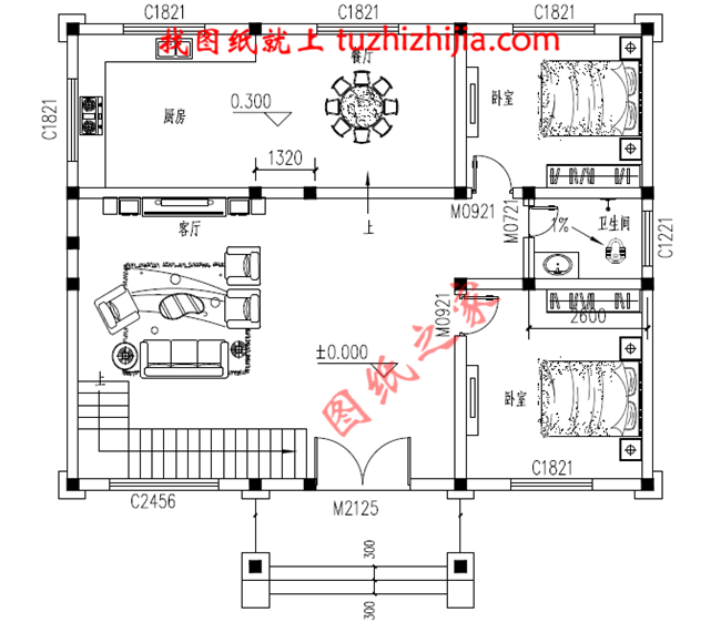 三层自建别墅设计图纸，复式结构客厅中空极大的增加了客厅的开阔度