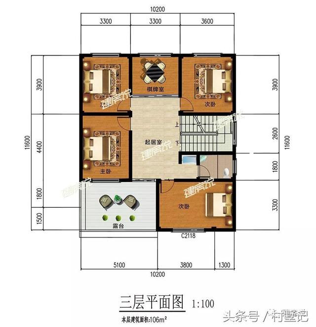 平顶带挑空客厅三层别墅设计图，110平宅基地首选