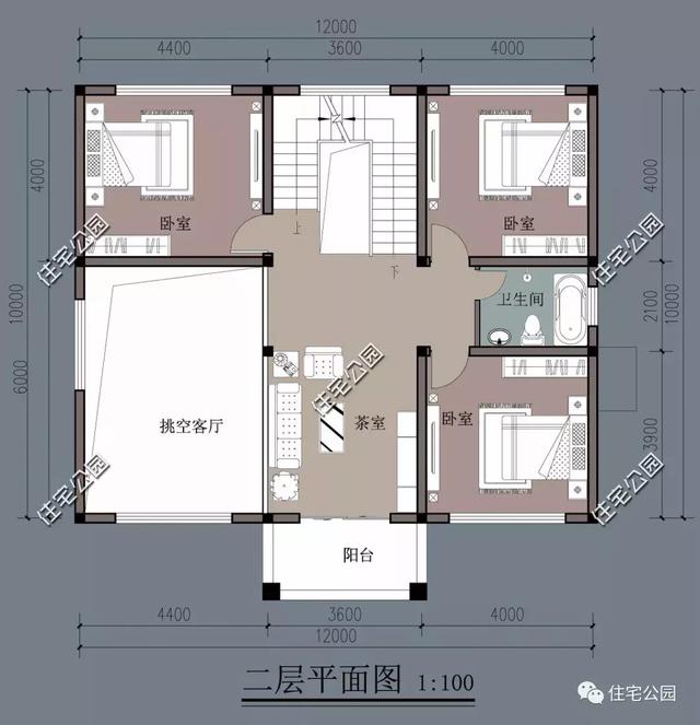 12X12米农村简欧三层楼房设计图，挑空客厅