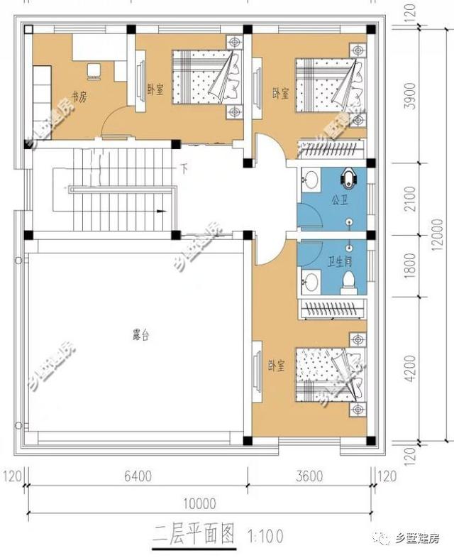 10X12米农村二层房屋设计图，5室2厅带露台