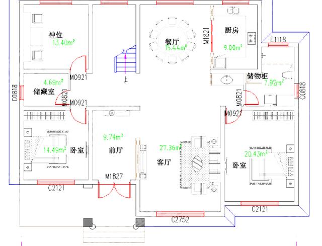 16×12米5室2厅带神位茶室二层复式自建房设计方案图