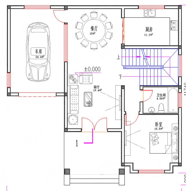 实用造价低二层自建房户型：28万12×12米2厅3室带车库