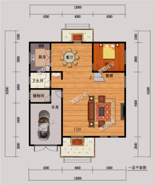 12X16米三层农村房屋施工图，车库+超大露台