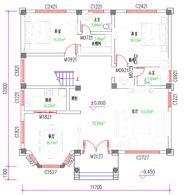 12×13米带卧室套间的三层自建房全套施工图，好评率高
