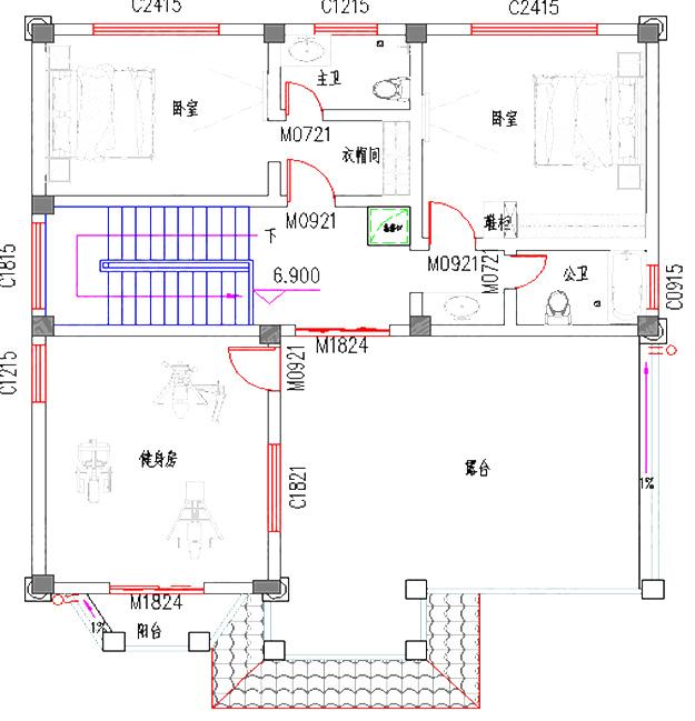 42万2厅7室带健身房卧室套间三层自建房全套施工图12×13