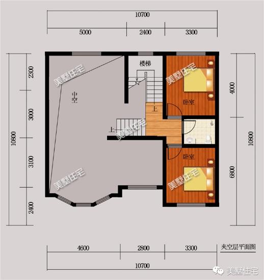 10X10米三层小别墅户型图，6室2厅还带夹空层