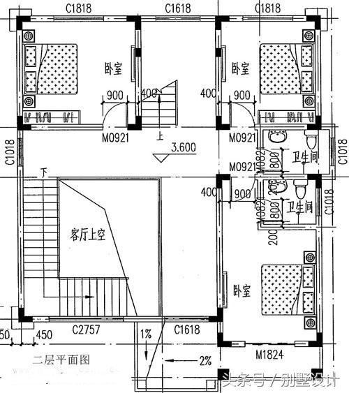 二层半三层独栋别墅设计图纸带效果图占地138平方米，客厅挑空复式楼！