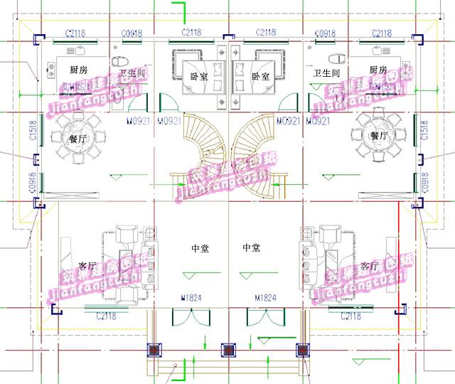 18x13米乡村二层双拼别墅农村两户自建房设计效果图CAD图纸