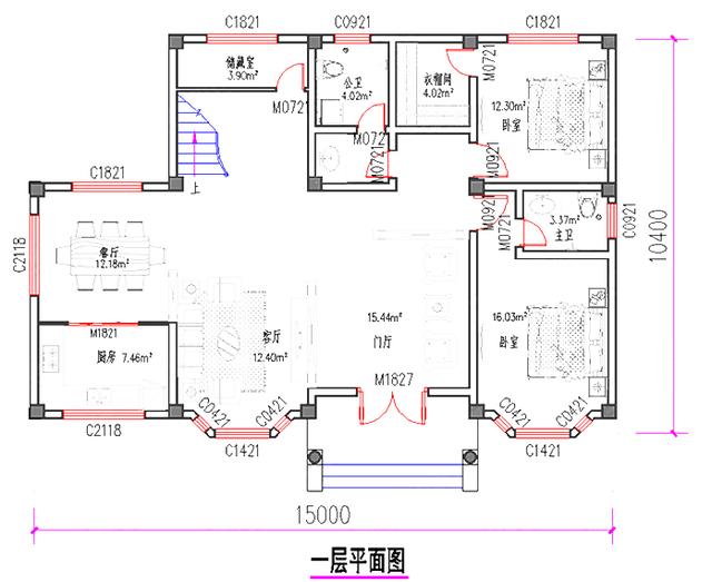 三层豪华别墅设计图，15×10米，3厅7室带健身区+卧室套间+飘窗。