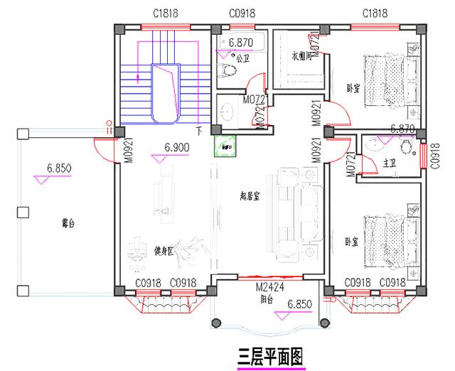 15×10米37万3厅7室带健身区+卧室套间+飘窗三层豪华别墅设计图