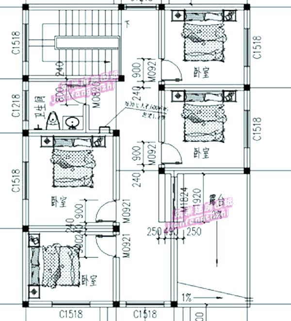 110平米9x12米二层5卧2厅农村自建房设计CAD图效果图