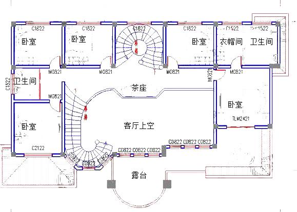 三层复式农村设计别墅图，1厅13室，14*15米，造价50万，旋转楼梯+茶室+豪华房。