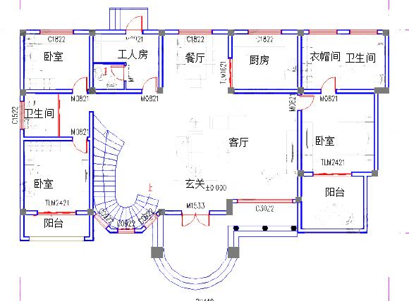 三层复式农村设计别墅图，1厅13室，14*15米，造价50万，旋转楼梯+茶室+豪华房。