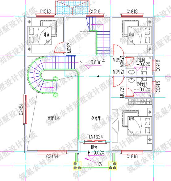 11×11米三层别墅设计图，2厅8卧，造价40万，挑空客厅+休息厅+套房