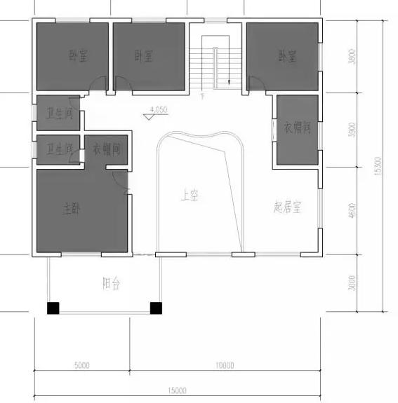 15×15米2厅5卧带挑空大客厅二层农村自建房设计图