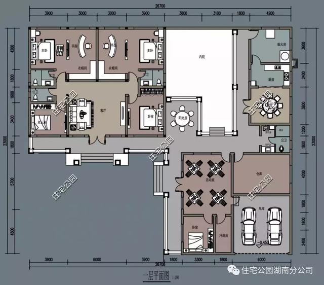 23X26米一层别墅图，5室2厅阳光房还有一个自家的小院，是你舒适的选择