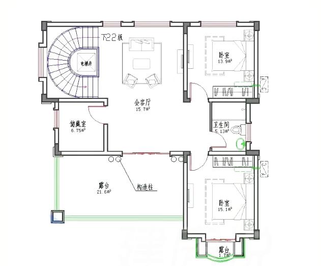 11×11米30万4厅5卧三层带挑空客厅+旋转楼梯农村住宅设计图