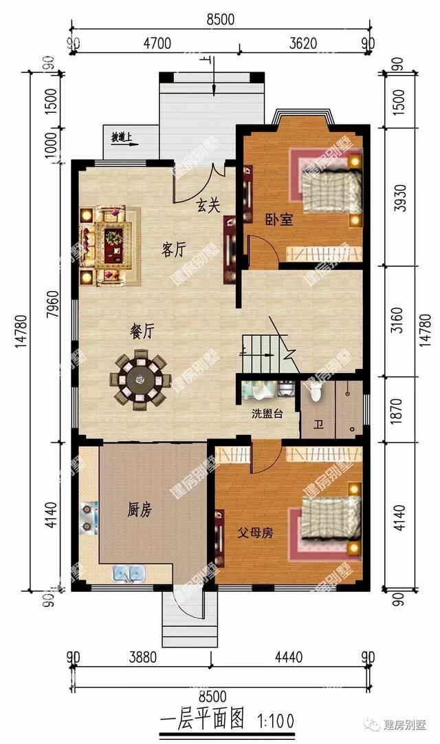 8.5×14.8米三层农村别墅设计图，宅基地面宽小，设计合理。