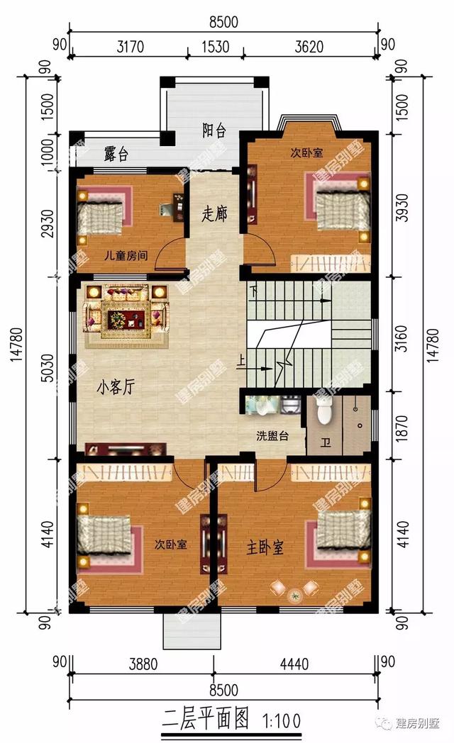 8.5×14.8米三层农村别墅设计图，宅基地面宽小，设计合理。