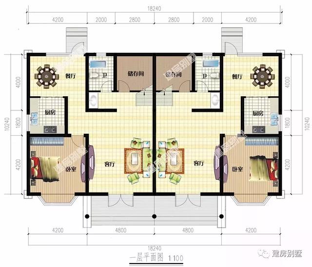 两层双拼别墅设计图，18×10米，造价34万，简单实用，南北通透平屋顶设计