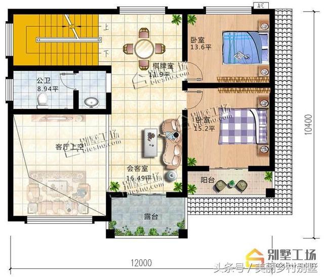 12X10.4m农村三层别墅，造价30万带地下室复式客厅