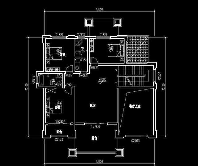 造价40万3厅7卧开间进深13.5×12.1带堂屋复式三层别墅设计图