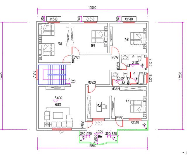 14×13米30万3厅6卧带卧室套房二层私家别墅施工效果图