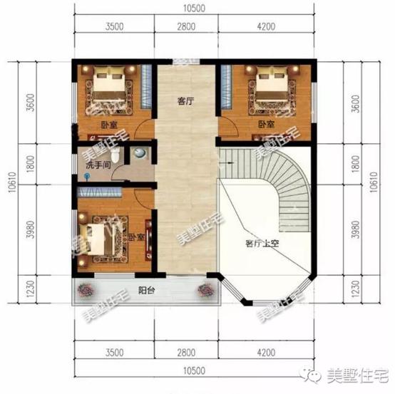 10X10米二层别墅设计图，4室2卫+挑空客厅，方正户型财运滚滚来