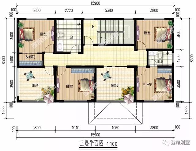15.9×10.1米三层农村别墅图，配十个卧室，要建就建村里最好的