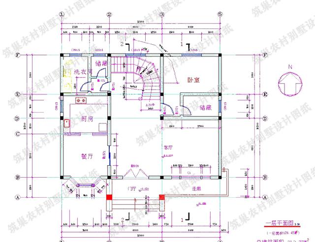 二层带阁楼农村别墅设计施工图30万12×11米6卧