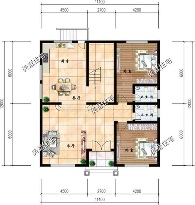 11.54x12米简欧风格二层农村别墅设计图，5室3厅带俩露台，造价只要25万