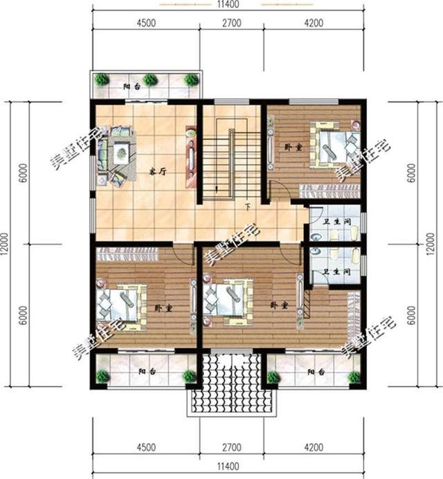 11.54x12米简欧风格二层农村别墅设计图，5室3厅带俩露台，造价只要25万