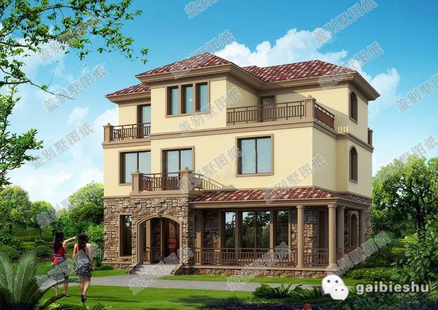 地中海风格三层别墅设计图，占地130平方米，采用砖混结构类型，主体造价40万