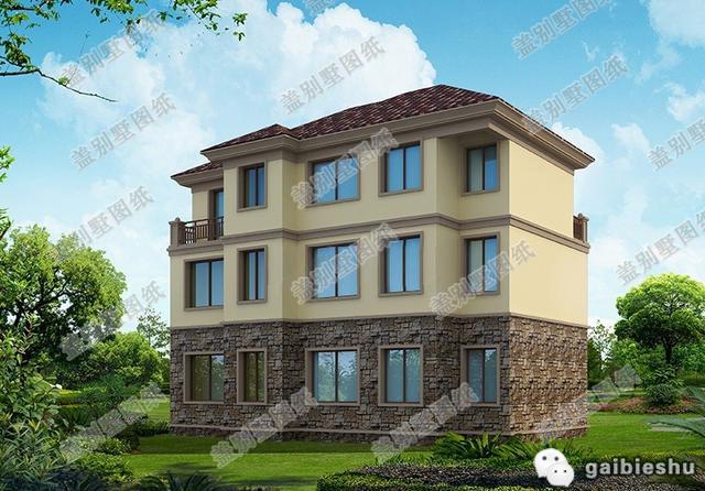 地中海风格三层别墅设计图，占地130平方米，采用砖混结构类型，主体造价40万