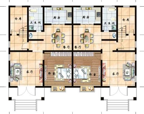 二层双拼别墅设计图，对称式设计和布局，增加建筑的整洁大气感，主体造价40万。