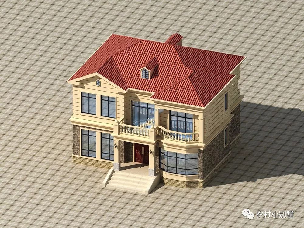12X11米美式双层农村别墅设计图，落地采光窗+坡屋顶
