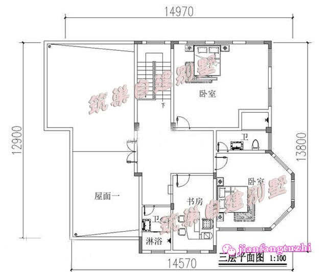 三层15x13米中空农村自建框架结构别墅设计图，带旋转楼梯，简单实用。