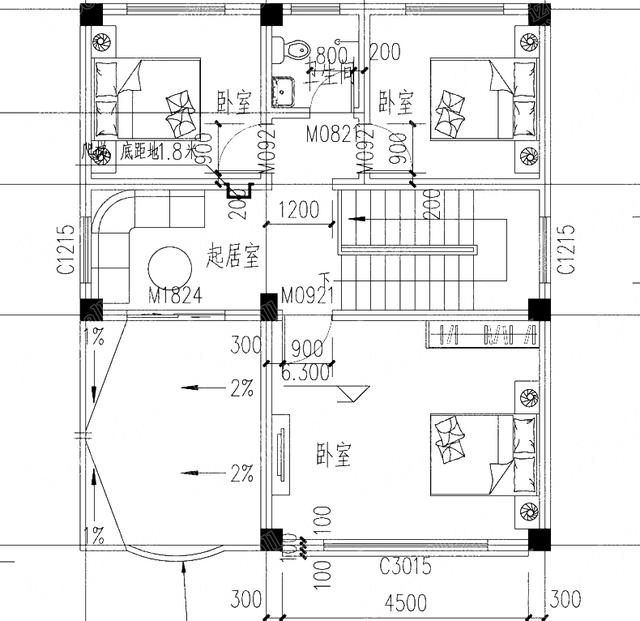 三层90平方米小户型别墅设计图：25万3厅7卧带挑空客厅+落地窗
