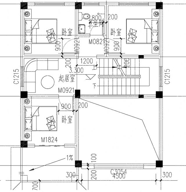 三层90平方米小户型别墅设计图：25万3厅7卧带挑空客厅+落地窗