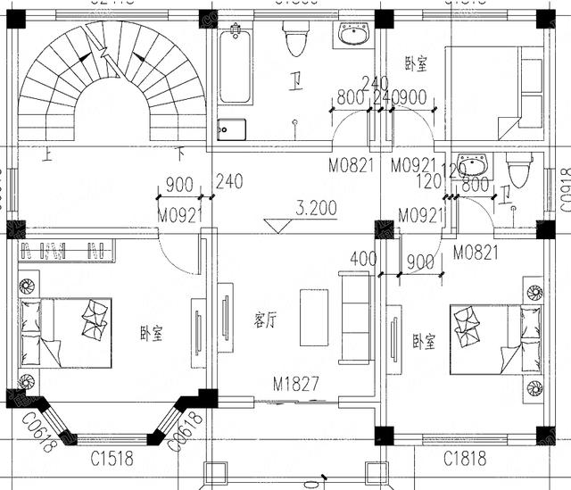 11×9米25万2厅4卧带旋转楼梯二层别墅设计图
