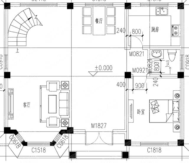 11×9米25万2厅4卧带旋转楼梯二层别墅设计图