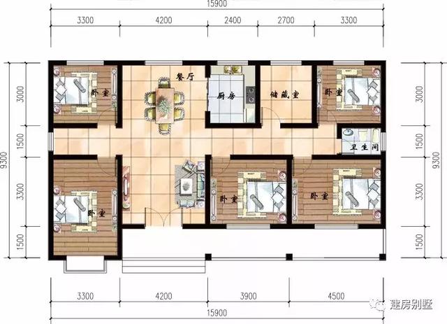 虽然都是一层的别墅户型,但是室内设计的卧室并不少,可以抵得上一款两
