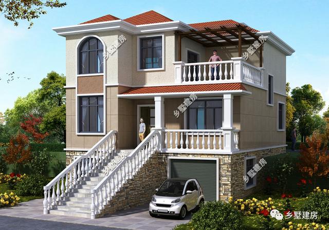两栋三层别墅设计图，都是带车库+多阳台，更符合多数农村朋友的需求。